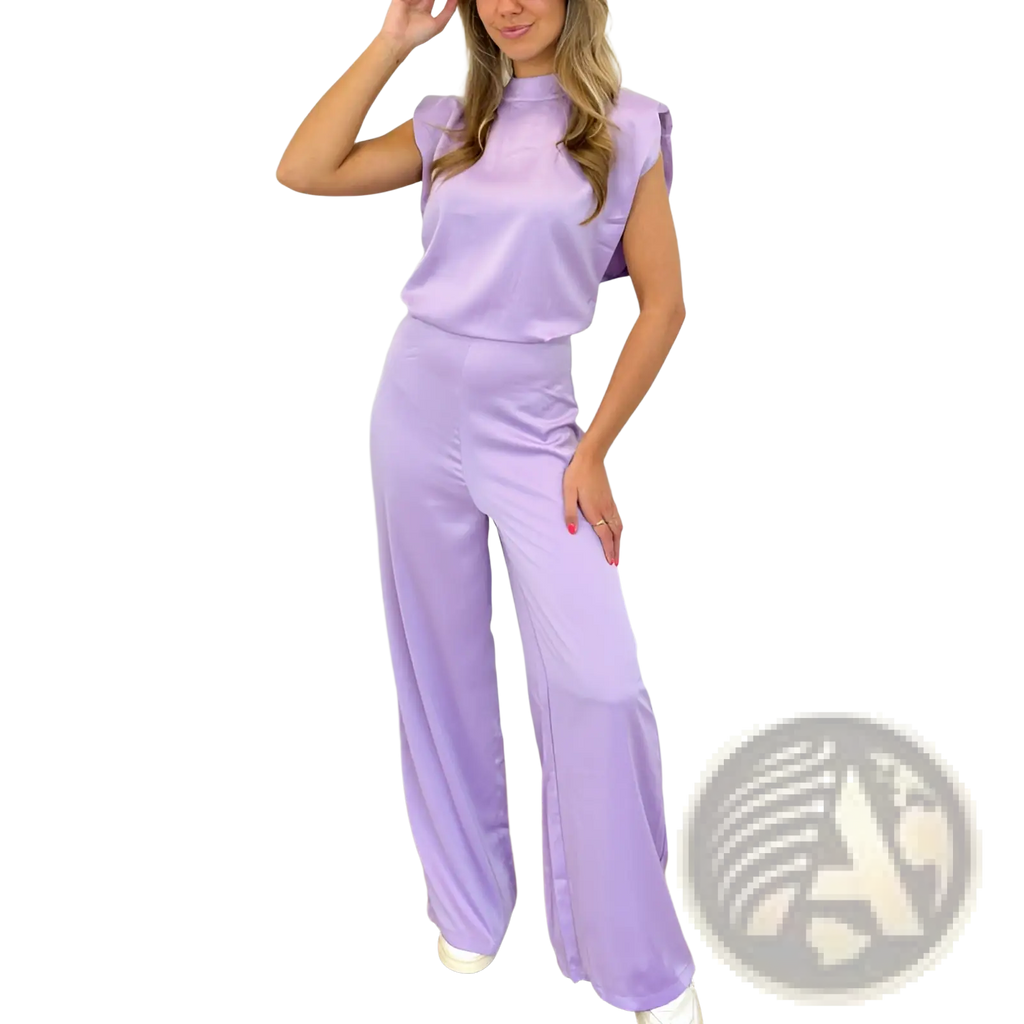 A sleek lavender satin backless evening dress jumpsuit with ruffled cap sleeves and straight pants
