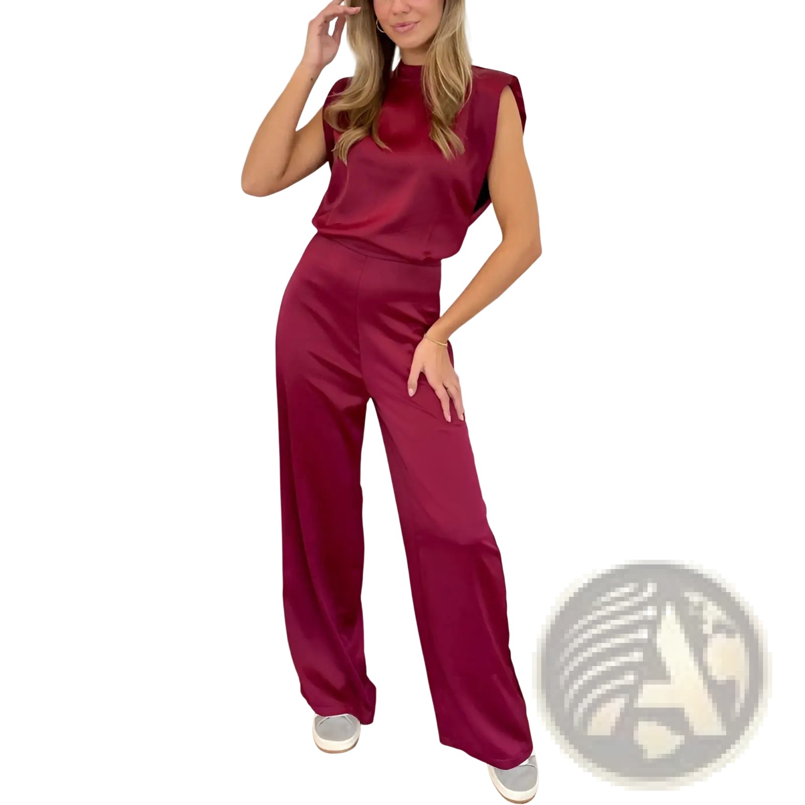 A sleek satin-finish burgundy backless evening dress jumpsuit with high neckline and wide-leg trousers