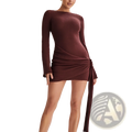 Backless long sleeve knit mini dress in maroon with textured fabric and side tie detail shown from the back side