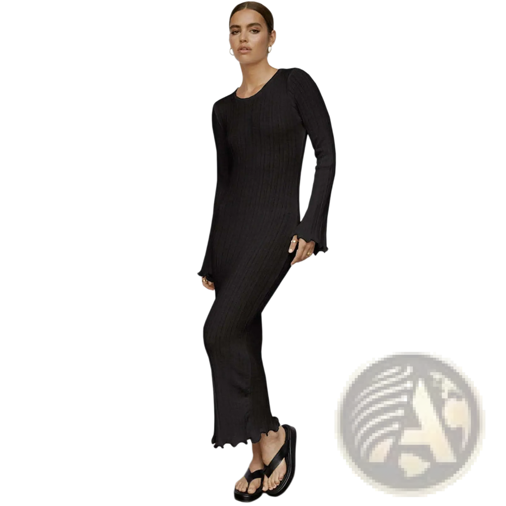 Black ribbed knit long-sleeved bodycon dress with flared cuffs scalloped hem and backless ruffled detail
