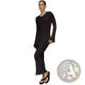 Black ribbed knit long-sleeved bodycon dress with flared cuffs scalloped hem and backless ruffled detail