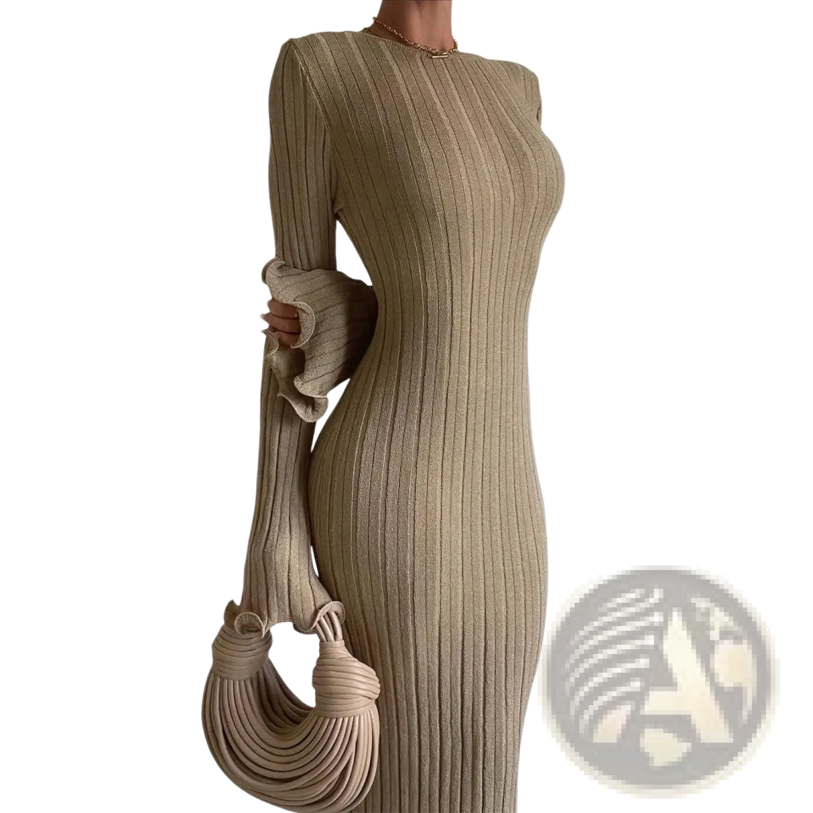 Beige ribbed knit long sleeve bodycon maxi dress with ruffled cuffs showcasing backless design