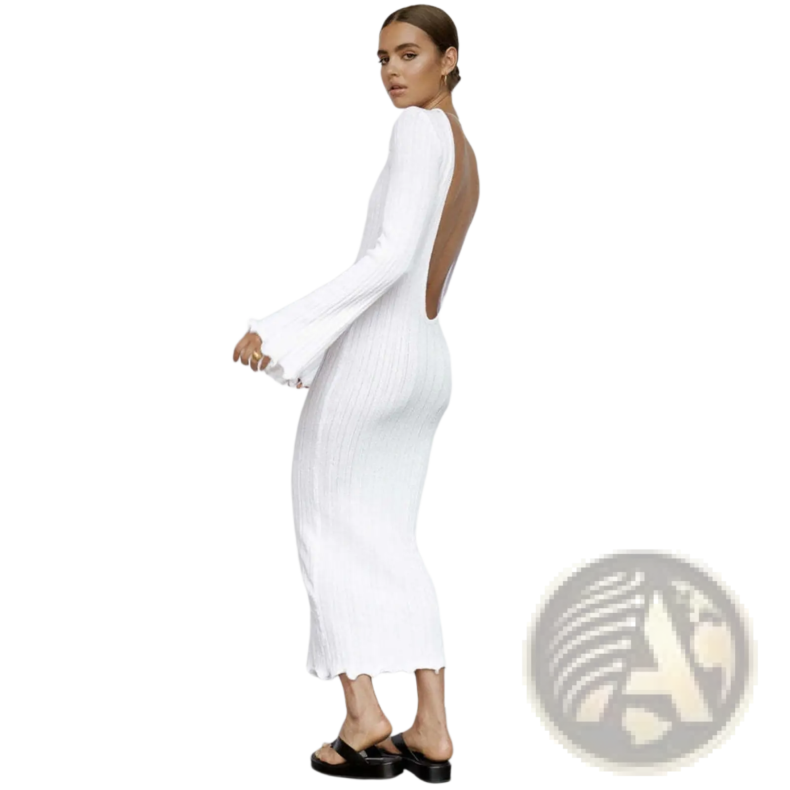 White ribbed knit midi dress with backless design and flared long sleeves shown from the back side