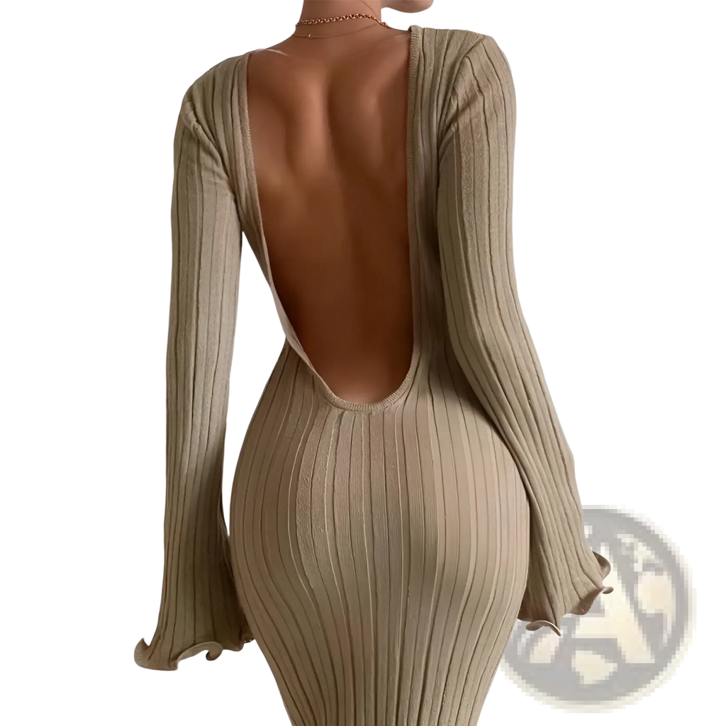 Beige ribbed knit bodycon maxi dress with deep open back and flared cuffs shown from the back side