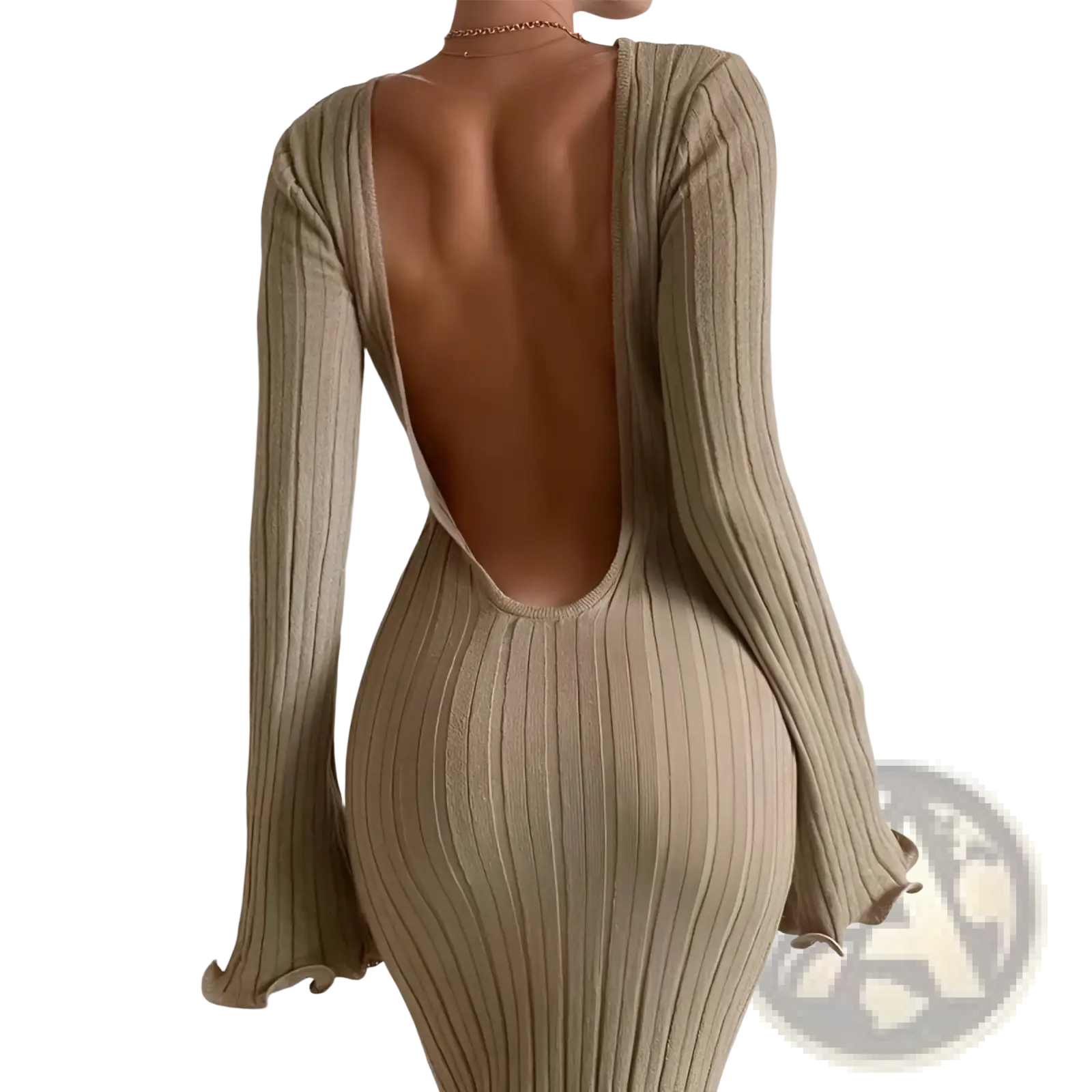 Beige ribbed knit bodycon maxi dress with deep open back and flared cuffs shown from the back side