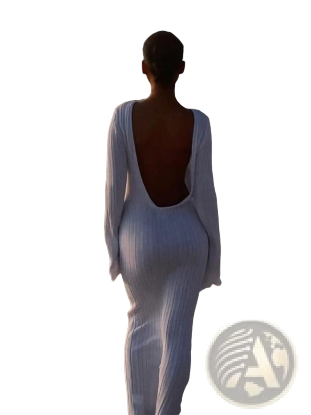 Back view of a white ribbed knit bodycon maxi dress with ruffles and a deep back cutout in long sleeves