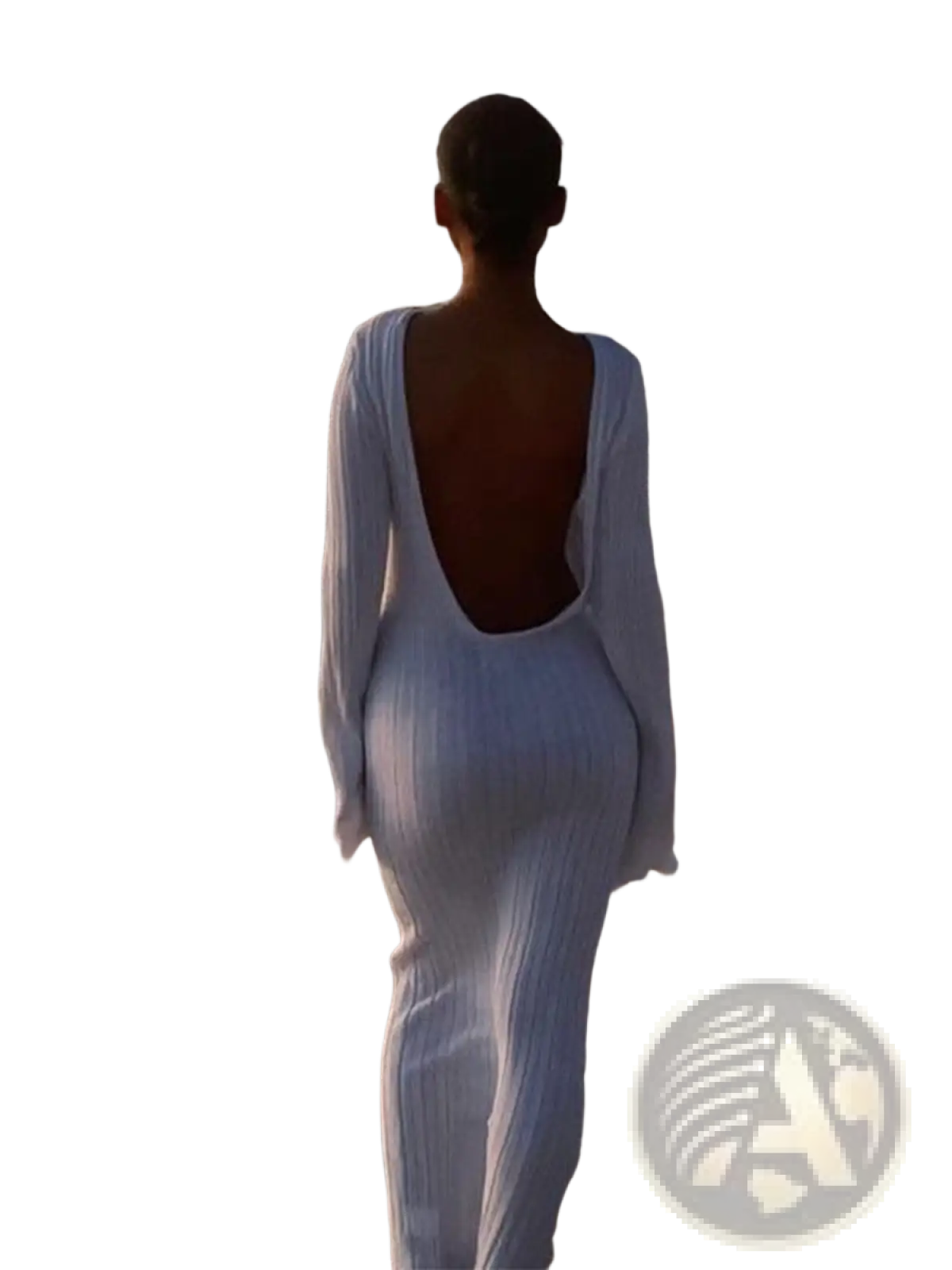 Back view of a white ribbed knit bodycon maxi dress with ruffles and a deep back cutout in long sleeves