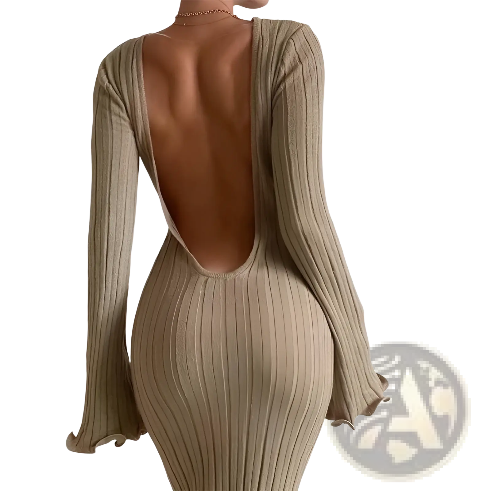 Back view of a beige ribbed knit bodycon maxi dress with long flared sleeves and a deep open back design