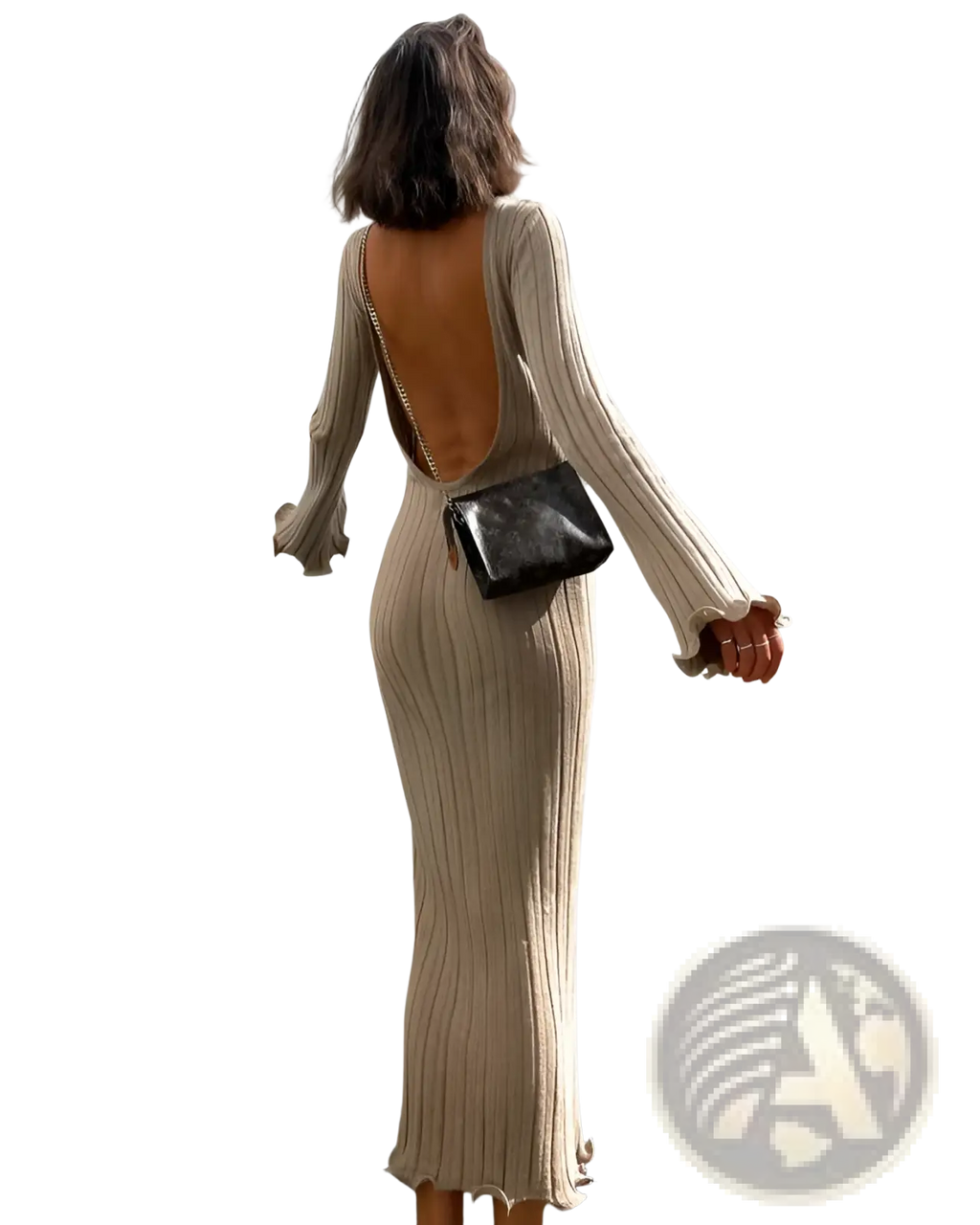 Beige ribbed knit bodycon maxi dress with deep back cutout and flared cuffs shown from the back side