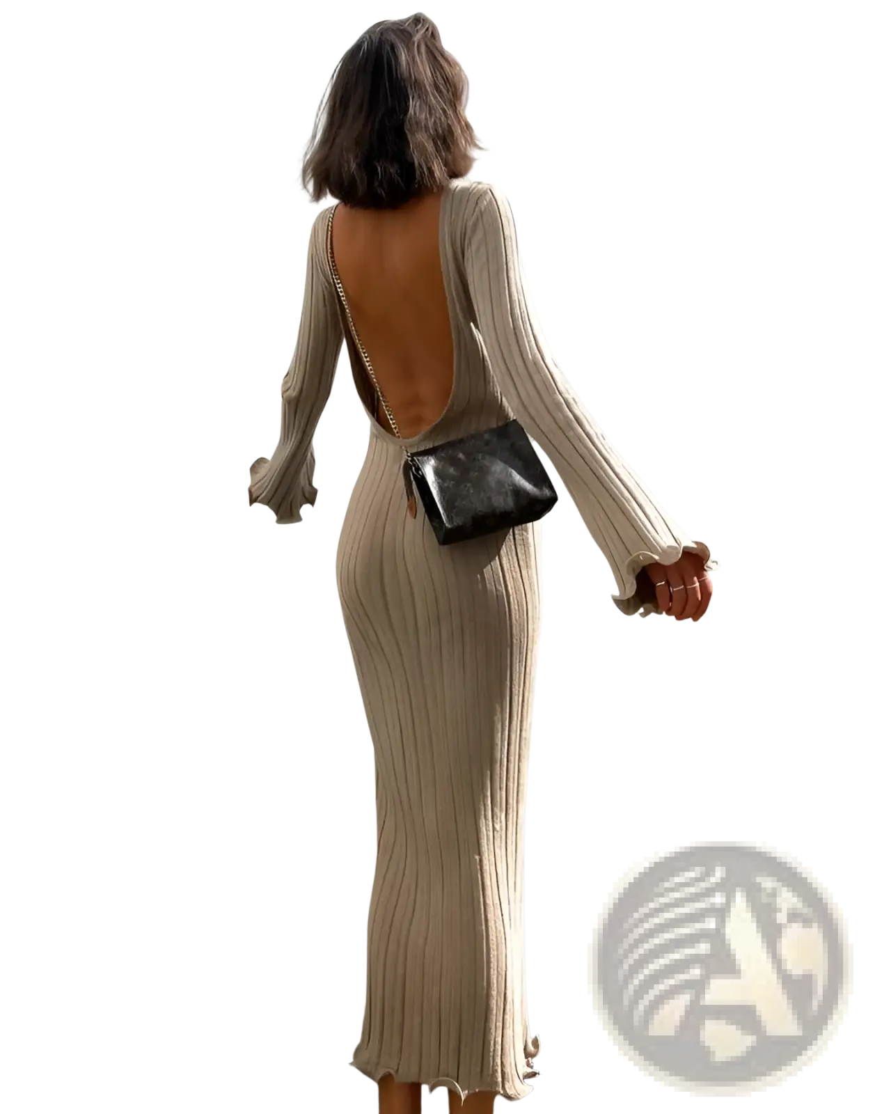 Beige ribbed knit bodycon maxi dress with deep back cutout and flared cuffs shown from the back side