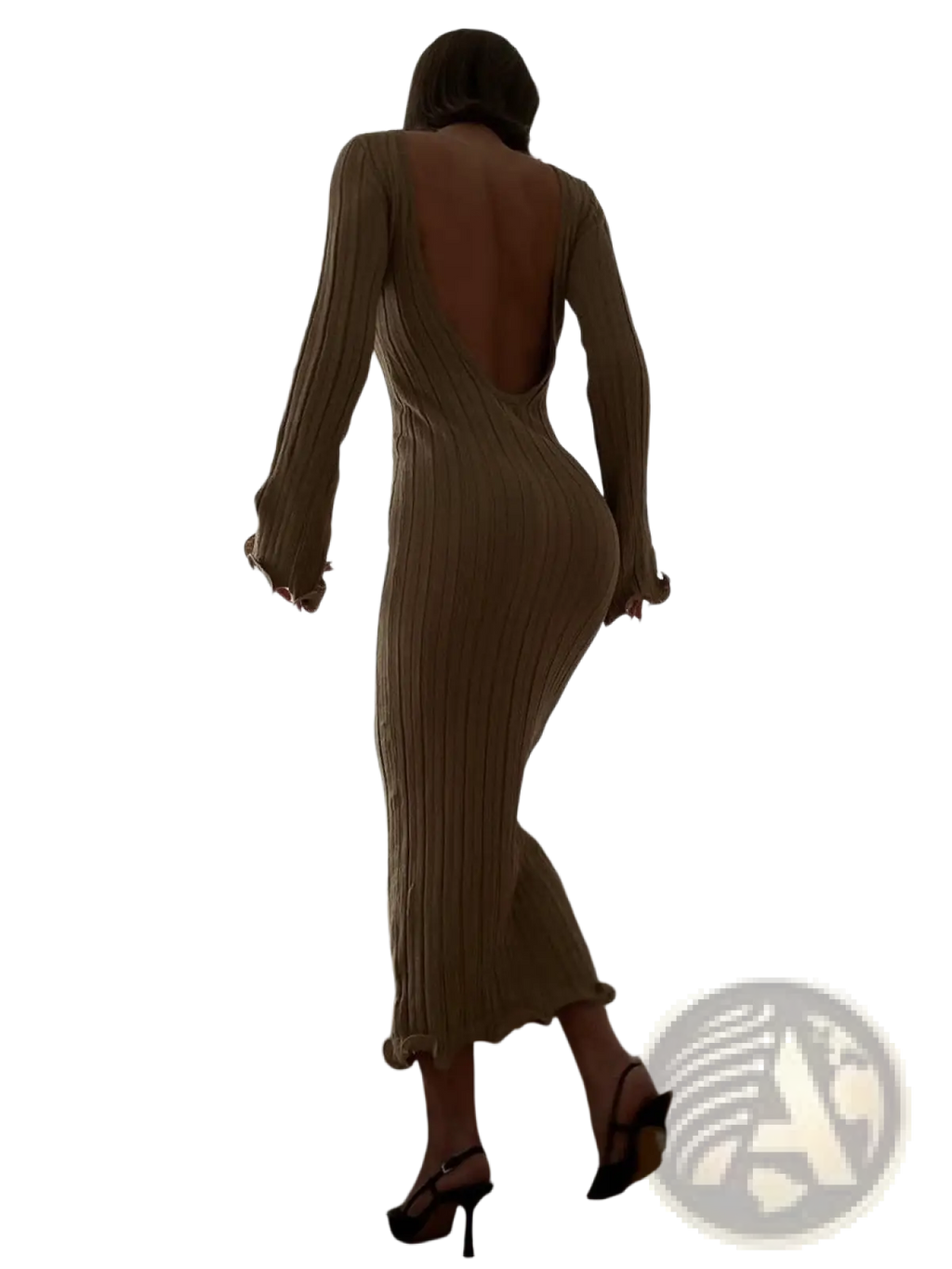 Back view of a backless ruffled ribbed knit bodycon maxi dress in beige featuring flared sleeves and a long knit design