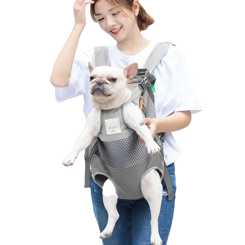 Gray mesh backpack carrier for pet dog cat with adjustable straps and front pocket for convenient dog bag carrying