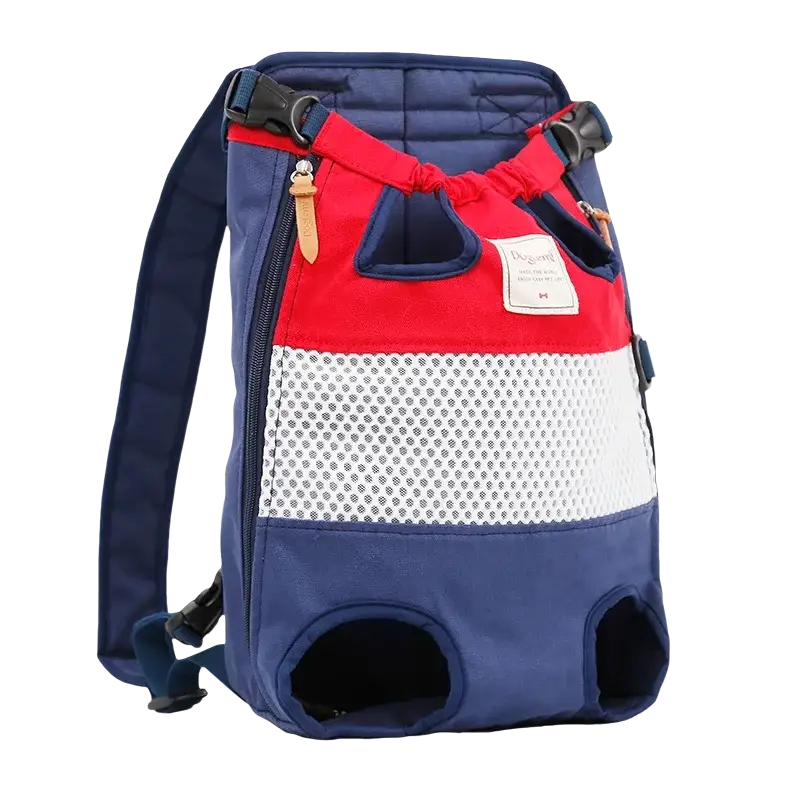 Blue and red backpack carrier for pet dog cat with white mesh panel, adjustable straps, and soft fabric for dog bag carrying