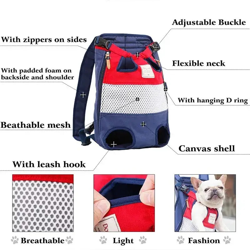 Backpack carrier for pet dog cat travel in blue and red canvas with breathable mesh panels and adjustable buckle for dog bag carrying