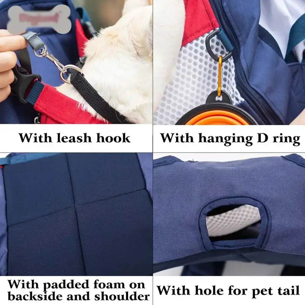 Blue and red padded backpack carrier for pet dog cat travel with adjustable straps and tail hole for dog bag carrying