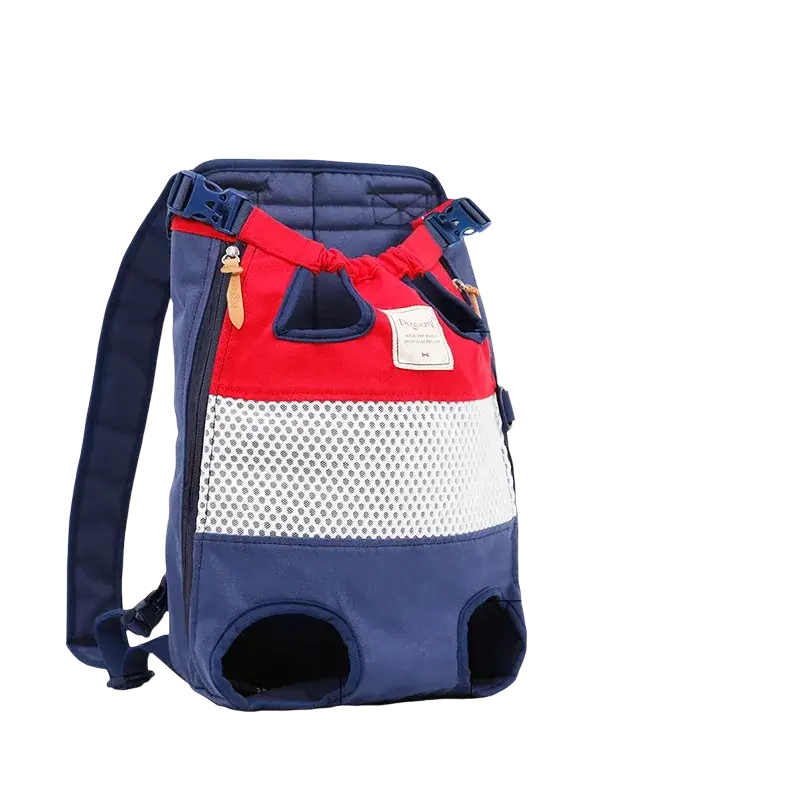 Blue red and white backpack carrier for pet dog cat travel with gray mesh panels and adjustable straps for dog bag carrying