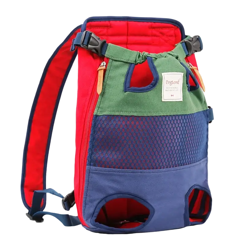 Colorful backpack carrier for pet dog cat with red green blue design mesh panels and adjustable straps for dog bag carrying