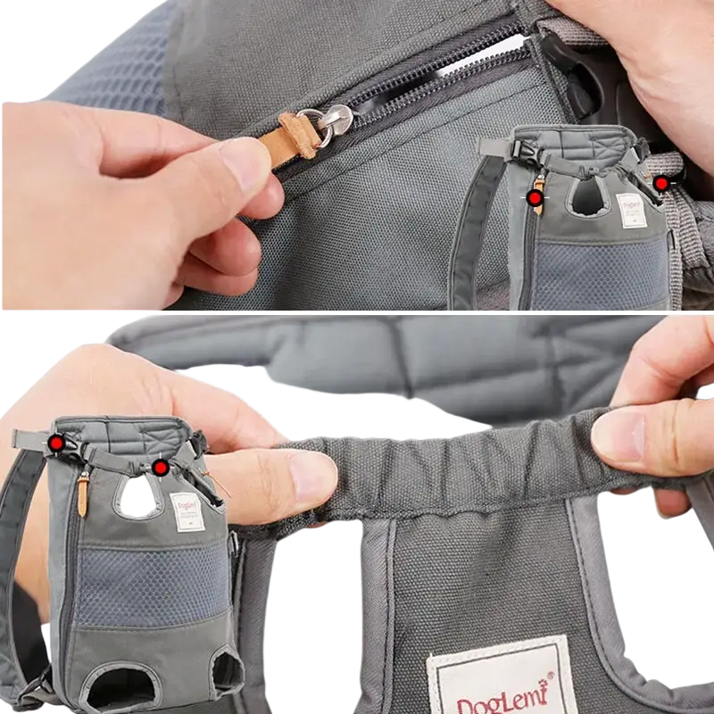 Gray mesh and fabric backpack carrier for pet dog cat travel with adjustable straps, leather zipper pull, and red accent buttons