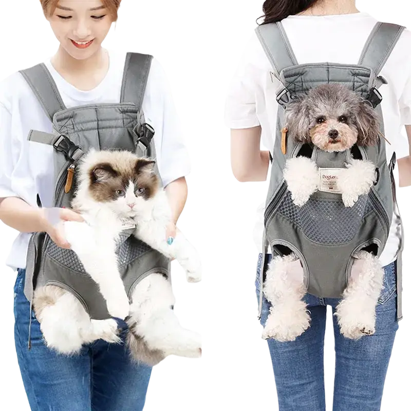 Gray fabric backpack carrier with mesh panels and adjustable straps for pet dog cat travel and dog bag carrying
