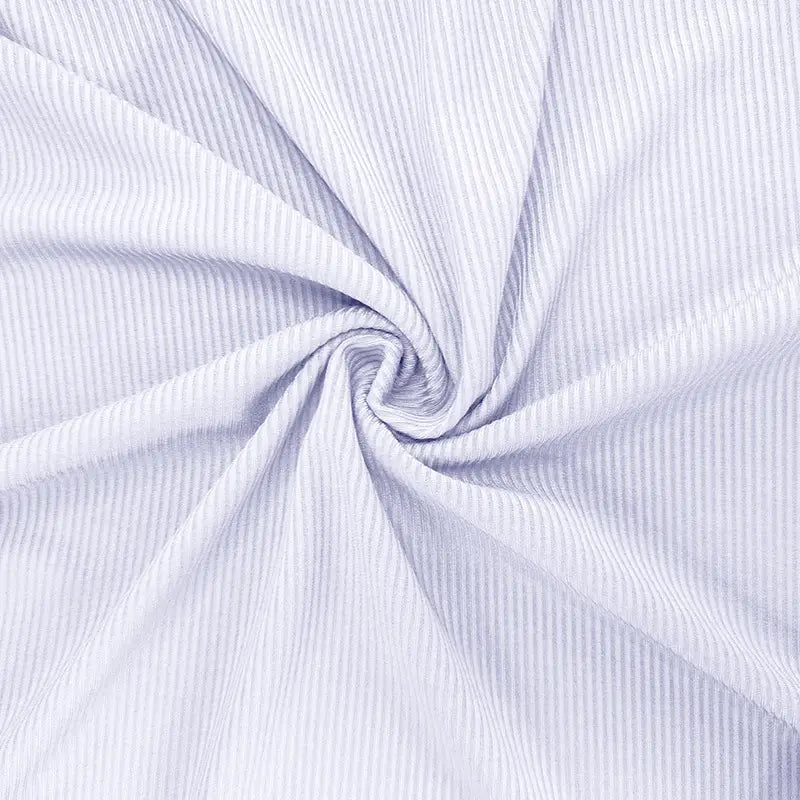 women’s ruffled ribbed knit slim fit mock neck top in light blue and white striped fabric with a textured swirling pattern.