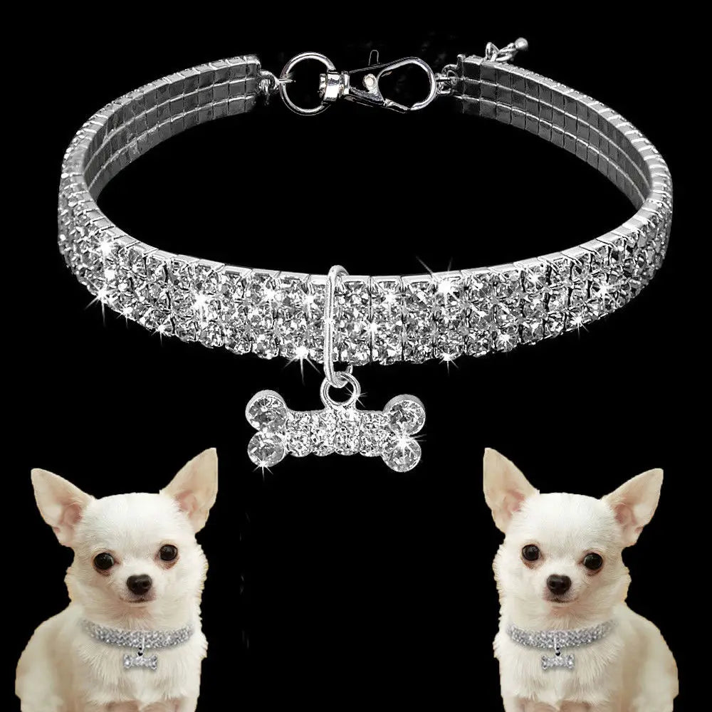 Silver rhinestone dog collar with sparkling crystal bone-shaped charm for pets.