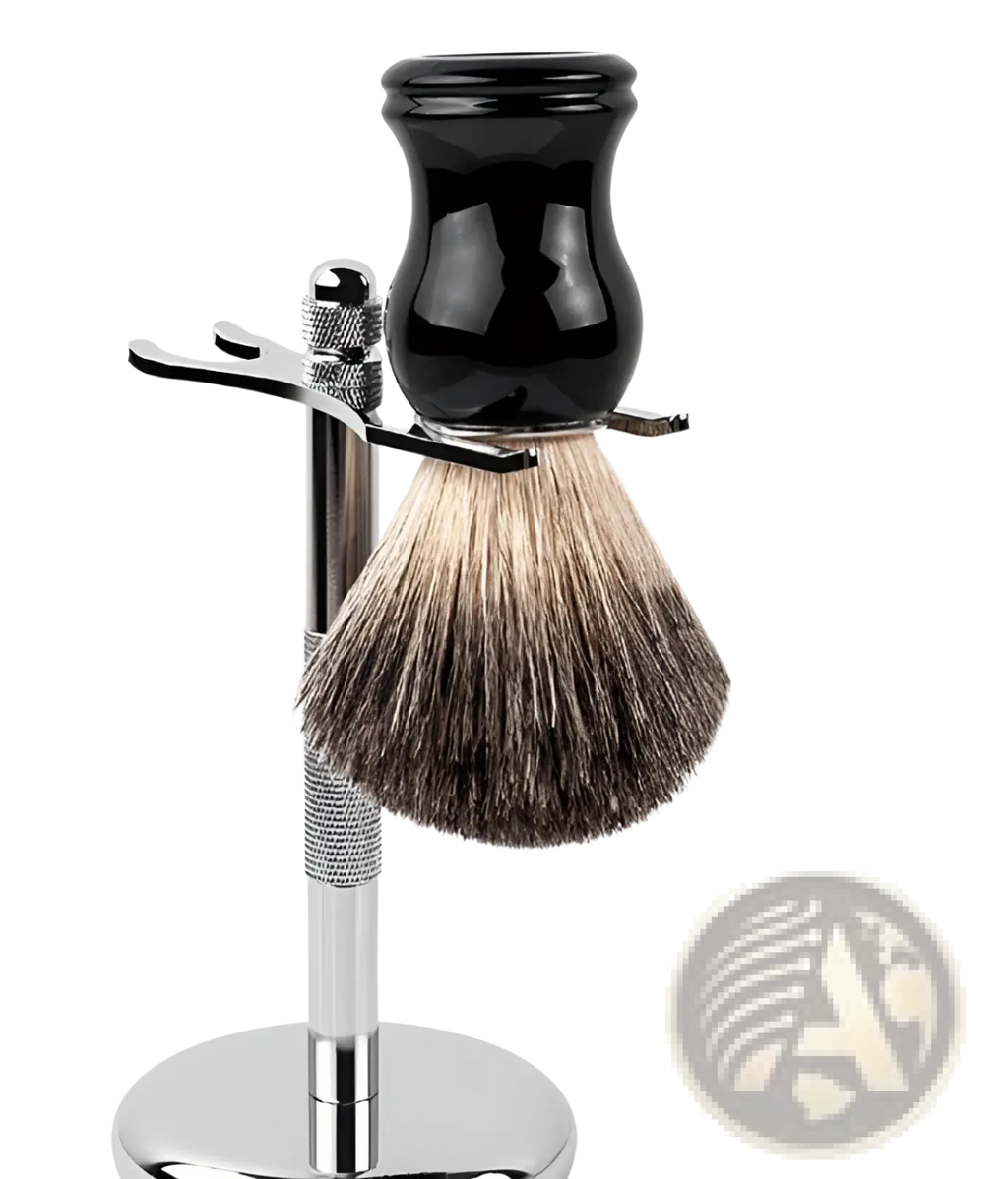 Black ceramic shaving bowl with silver metal stand and badger hair shaving brush with black ceramic handle