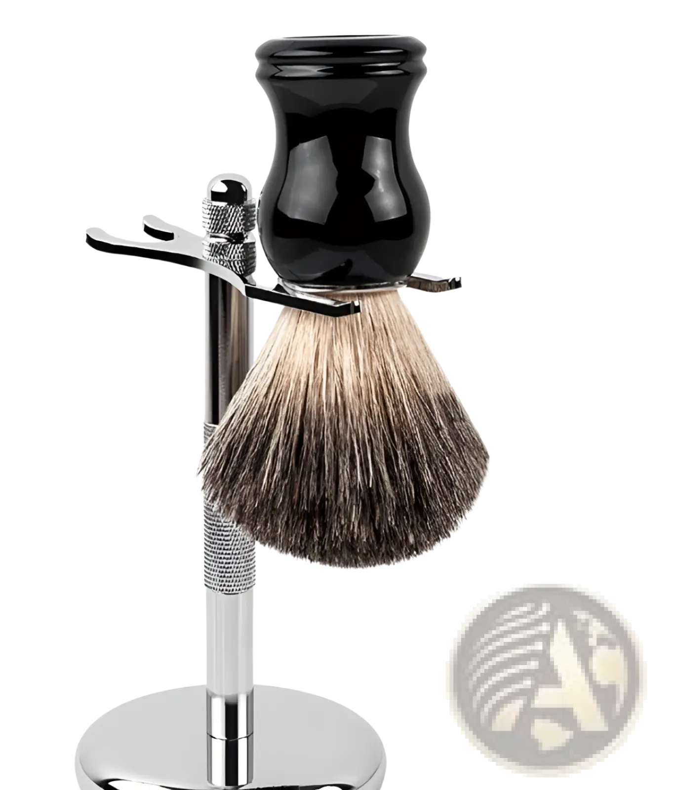 Black ceramic shaving bowl with silver metal stand and badger hair shaving brush with black ceramic handle