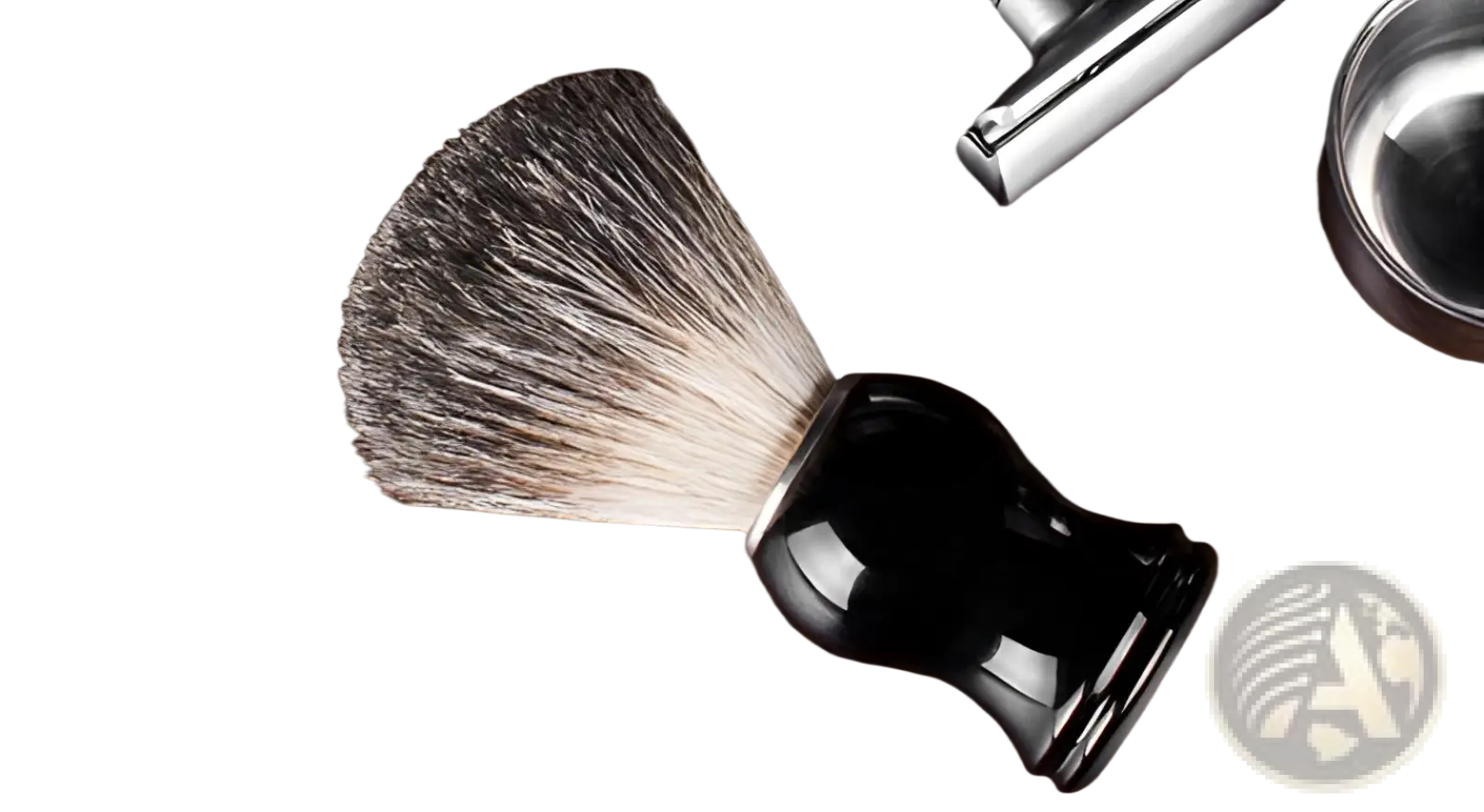 Badger hair shaving brush with black ceramic handle and dense tapered head of silver-tipped white bristles