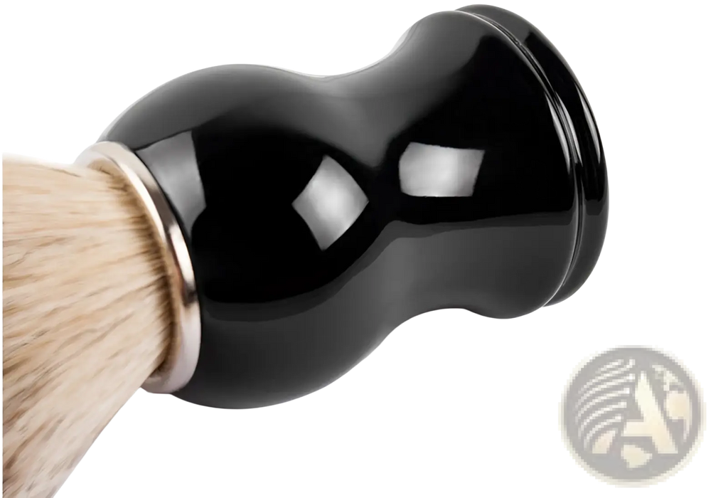 Black glossy ceramic badger hair shaving brush with silver metal band and natural bristles for grooming use