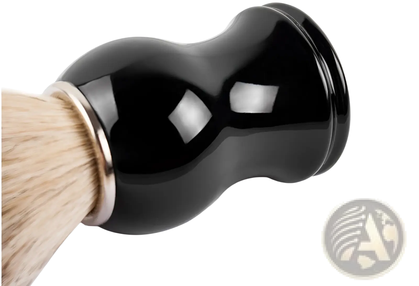 Black glossy ceramic badger hair shaving brush with silver metal band and natural bristles for grooming use