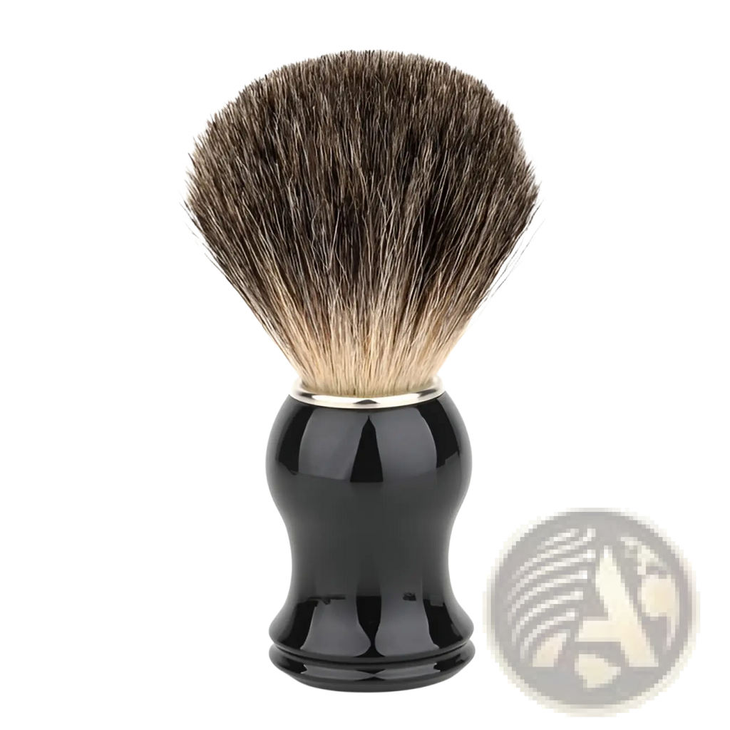 Black glossy ceramic badger hair shaving brush with dense tapered dark brown and light tan bristles for shaving use