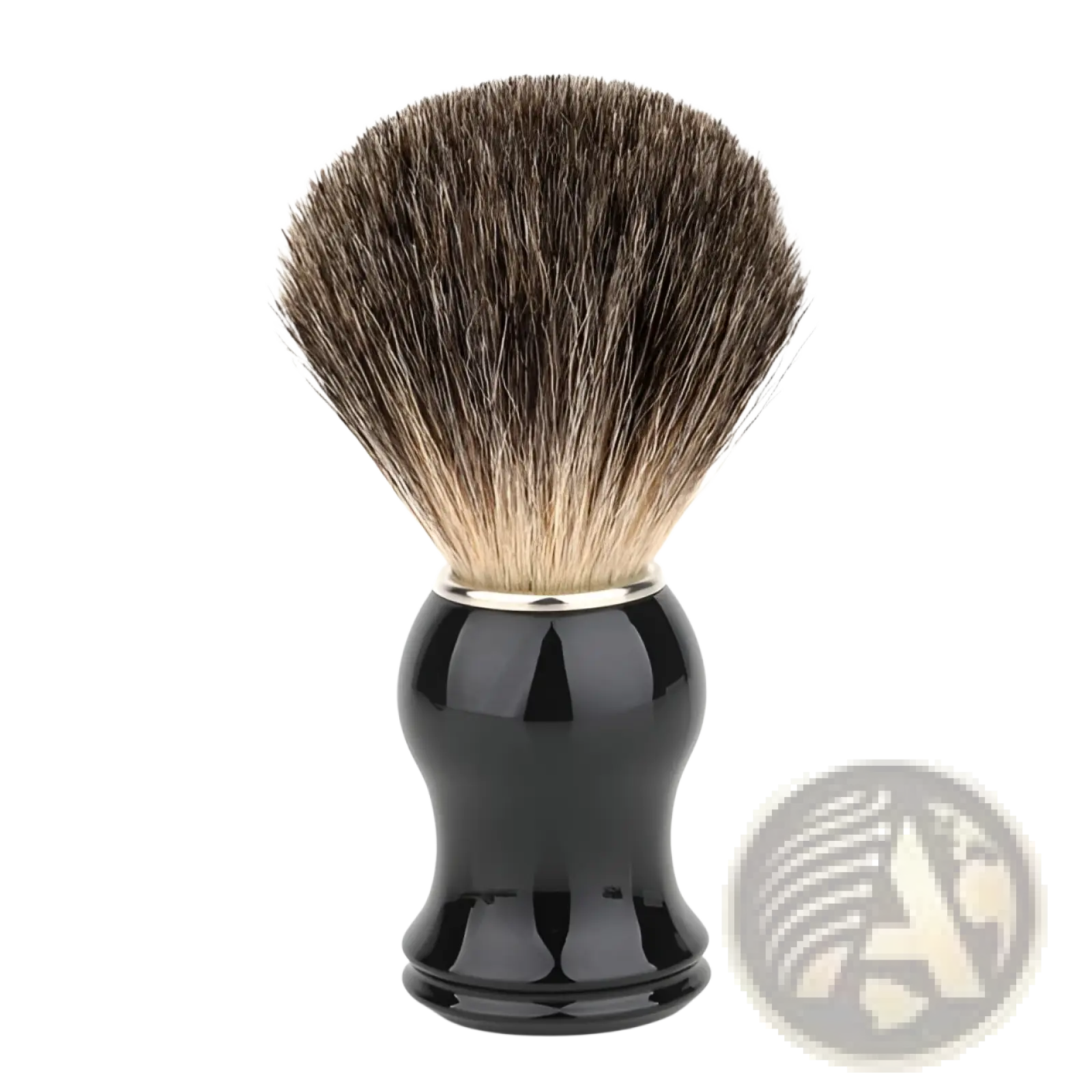 Black glossy ceramic badger hair shaving brush with dense tapered dark brown and light tan bristles for shaving use