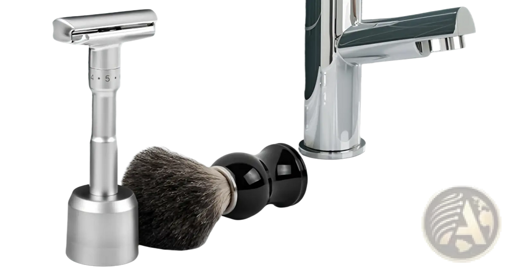 Silver safety razor with sleek modern design and adjustable blade settings shown alongside black ceramic badger hair shaving brush
