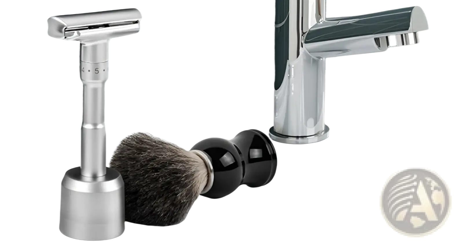 Silver safety razor with sleek modern design and adjustable blade settings shown alongside black ceramic badger hair shaving brush