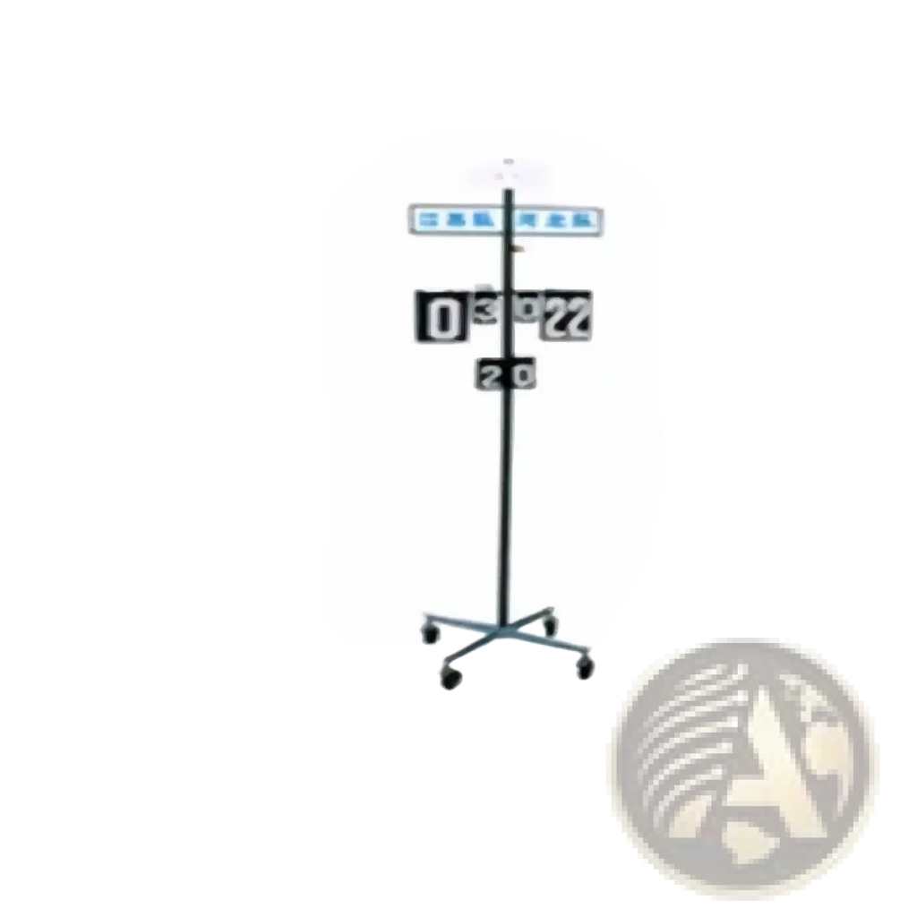 Black metal badminton scoreboard stand with wheels featuring a vertical pole and multiple numeric display panels