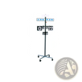 Black metal hospital bedside cart with wheels and digital display showing 03:22 and 20 for badminton scoreboard stand use