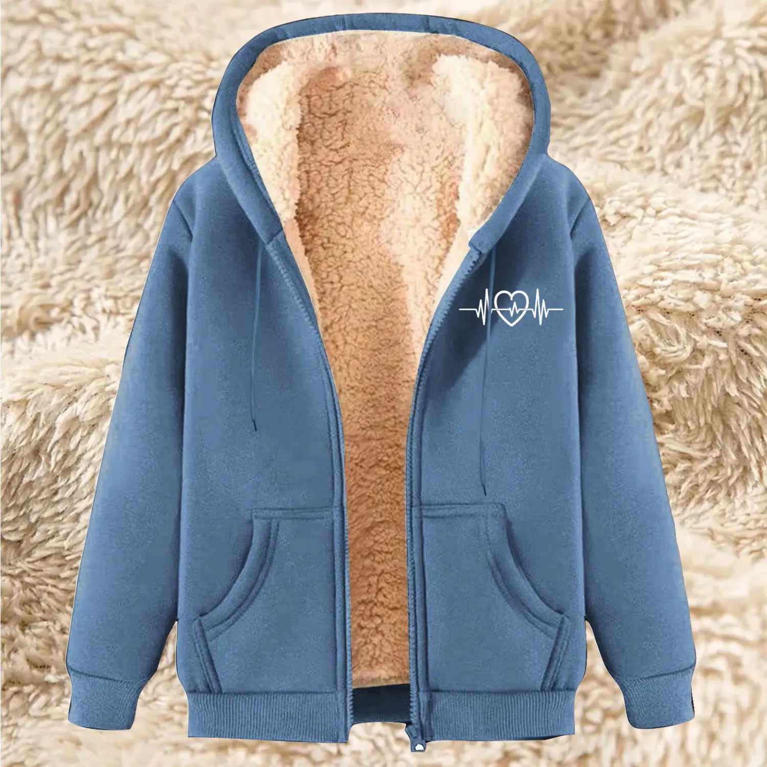 Men’s blue zip up winter fleece hoodie with plush beige sherpa lining and white heartbeat heart design on the left chest.