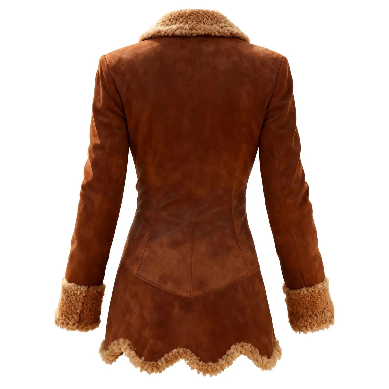 brown suede fleece shearling jacket for women featuring a thick suede fur coat design with a plush lighter-brown shearling collar and cuffs.