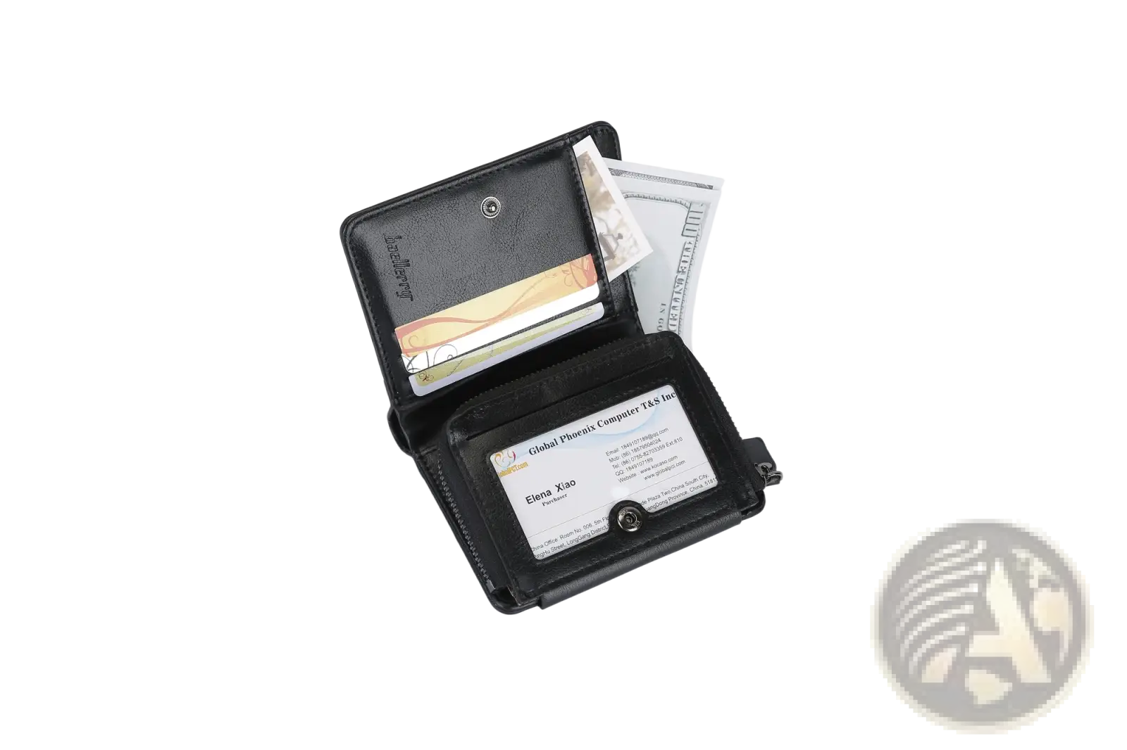 Black Baellerry men’s trifold Pu leather zipper wallet with 14 card slots including one holding an ID card