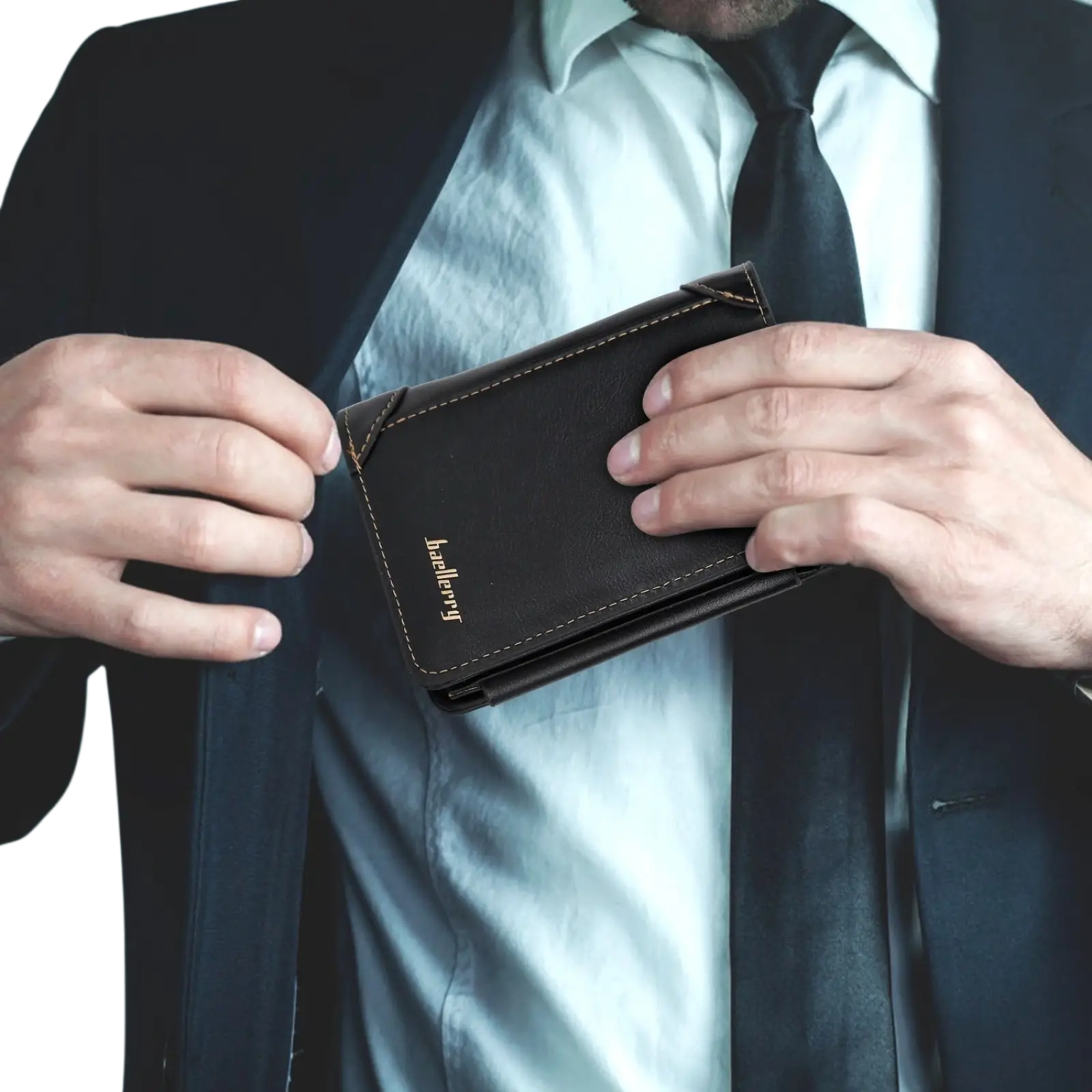 Baellerry men’s trifold black pu leather zipper wallet with gold-stitched edges and bally embossed branding