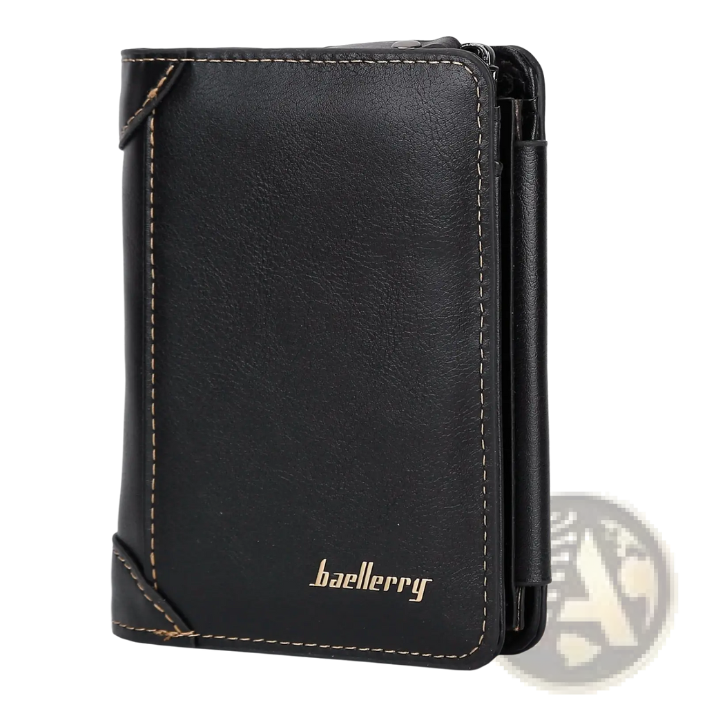 Baellerry men’s trifold pu leather black wallet with tan stitching and gold logo featuring 14 card slots
