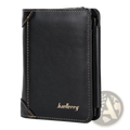 Baellerry men’s trifold pu leather black wallet with tan stitching and gold logo featuring 14 card slots