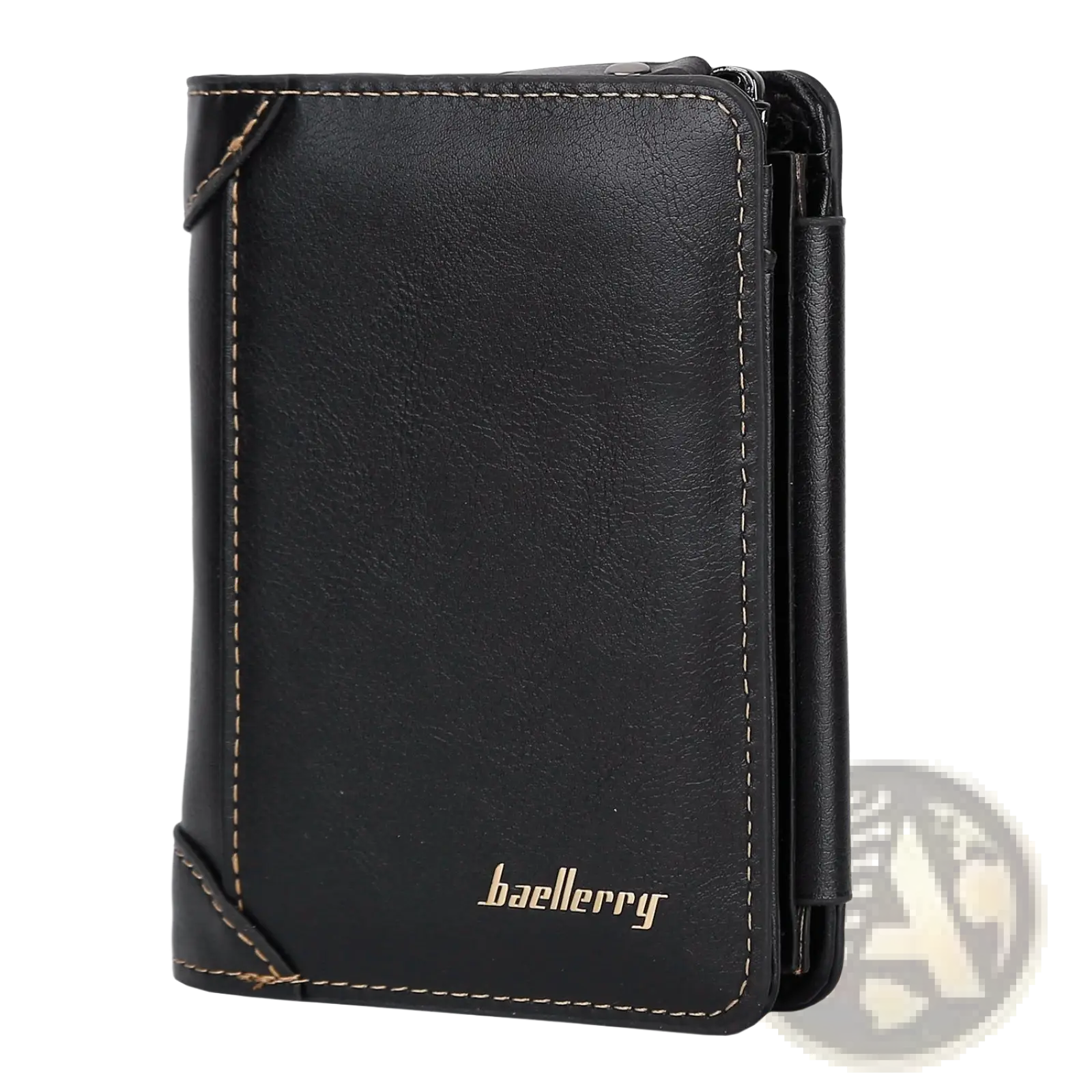 Baellerry men’s trifold pu leather black wallet with tan stitching and gold logo featuring 14 card slots