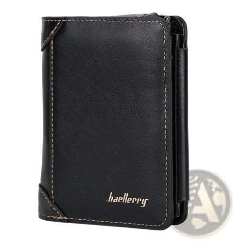 Baellerry men’s trifold pu leather black wallet with tan stitching and gold logo featuring 14 card slots