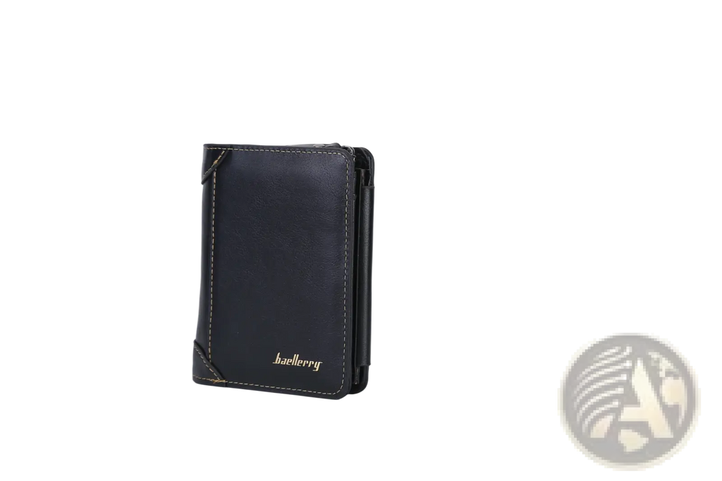 Black leather baellerry men’s trifold pu leather zipper wallet with gold stitching and 14 card slots on front
