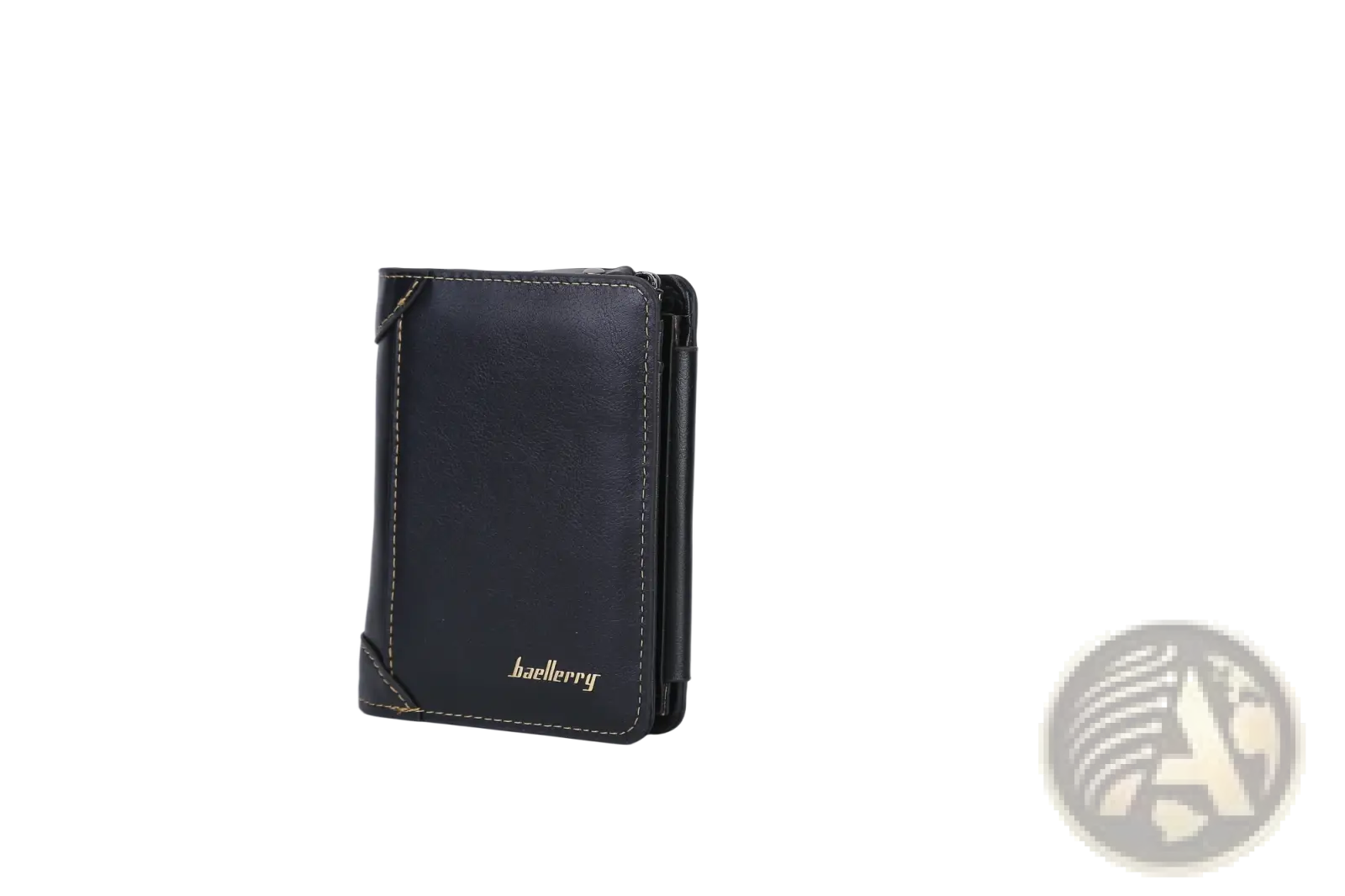 Black leather baellerry men’s trifold pu leather zipper wallet with gold stitching and 14 card slots on front
