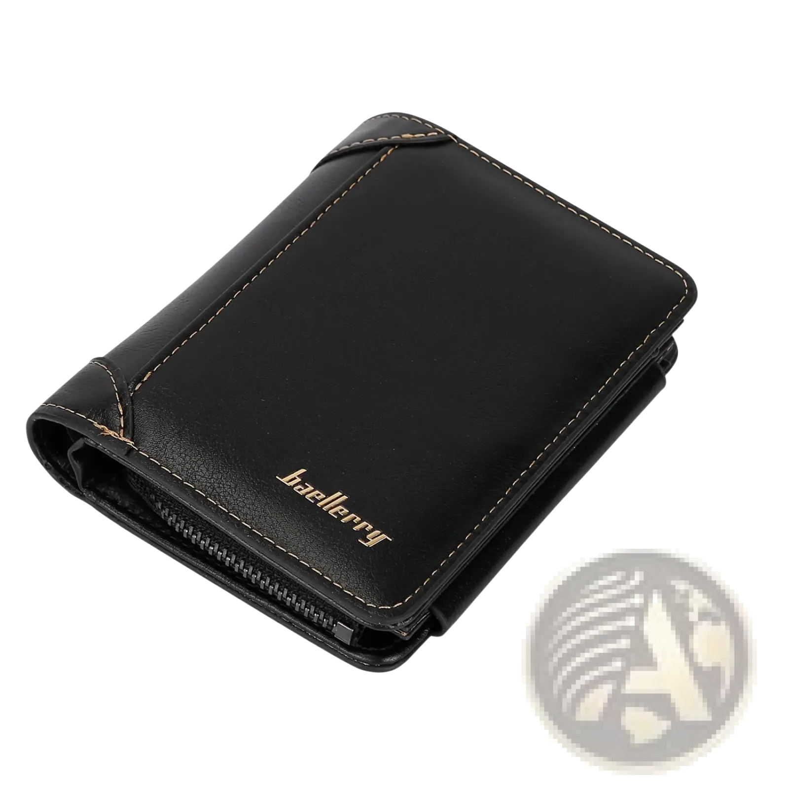 Black leather baellerry mens trifold pu leather zipper wallet with gold stitching and 14 card slots shown from back