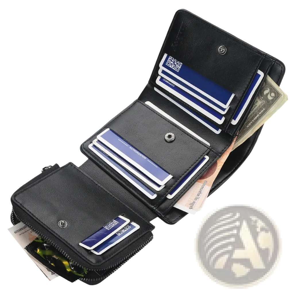 Baellerry men’s black pu leather trifold wallet with 14 card slots and zippered compartment shown from the front