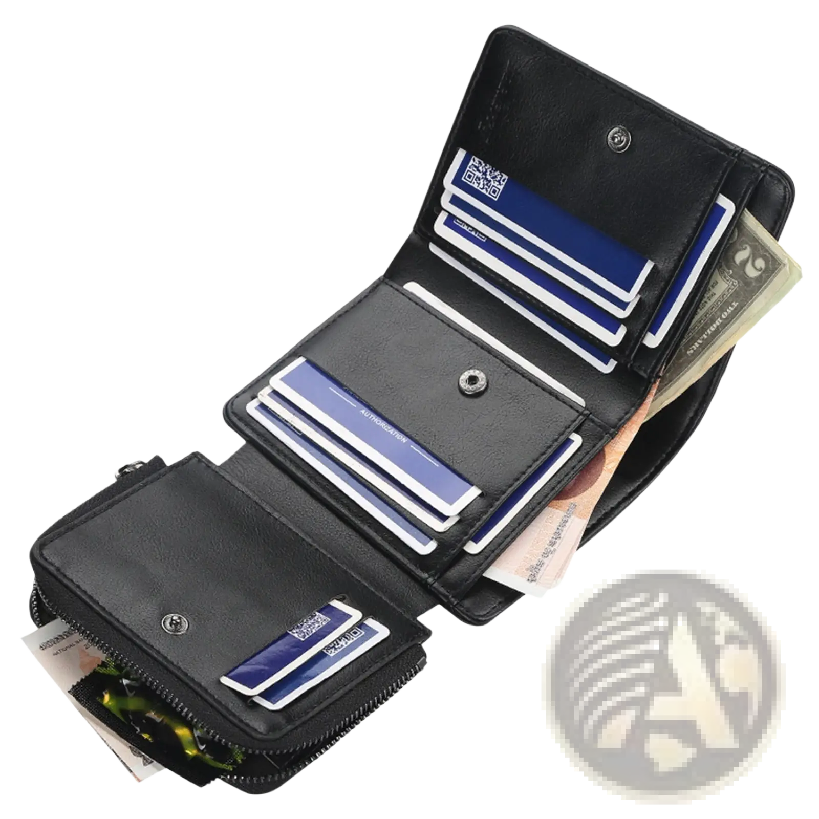 Baellerry men’s black pu leather trifold wallet with 14 card slots and zippered compartment shown from the front