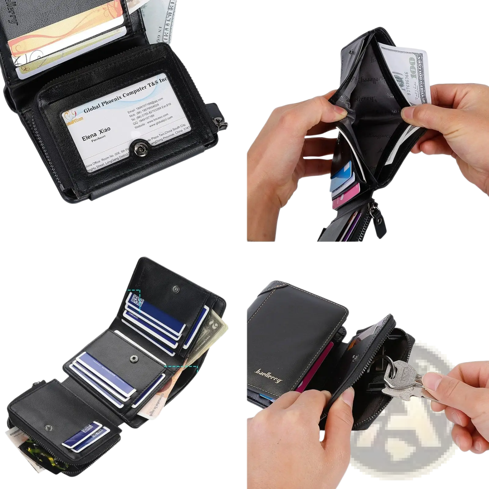 Baellerry men’s trifold black pu leather zipper wallet with 14 card slots cash compartments and zipped pocket